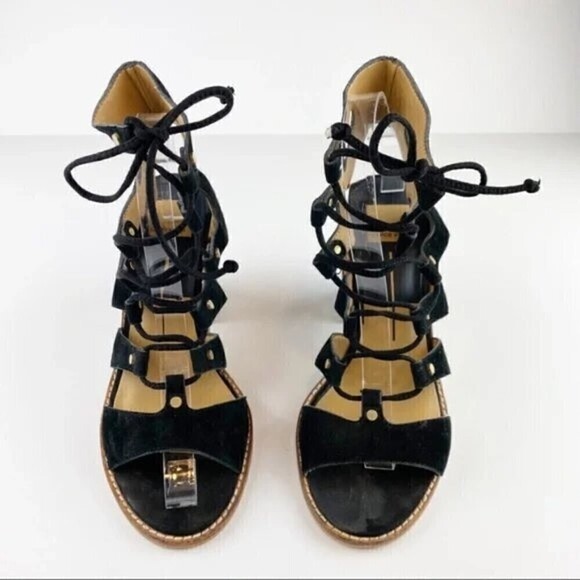 Dolce Vita Lyndon Lace Up Block Heel Black Suede Sandals Size 8.5 - Picture 3 of 11